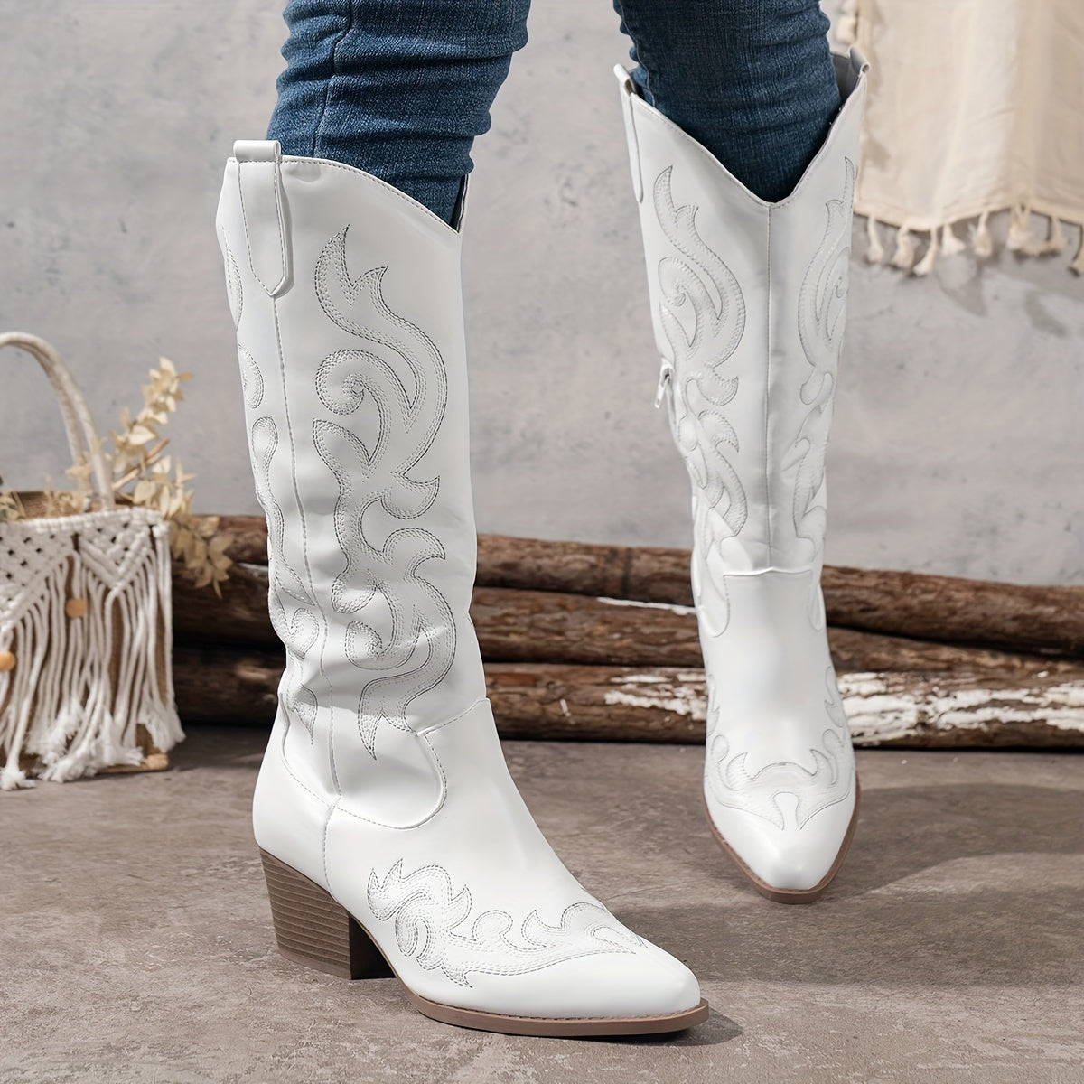 Knee-High Cowboy Boots with Block Heel
