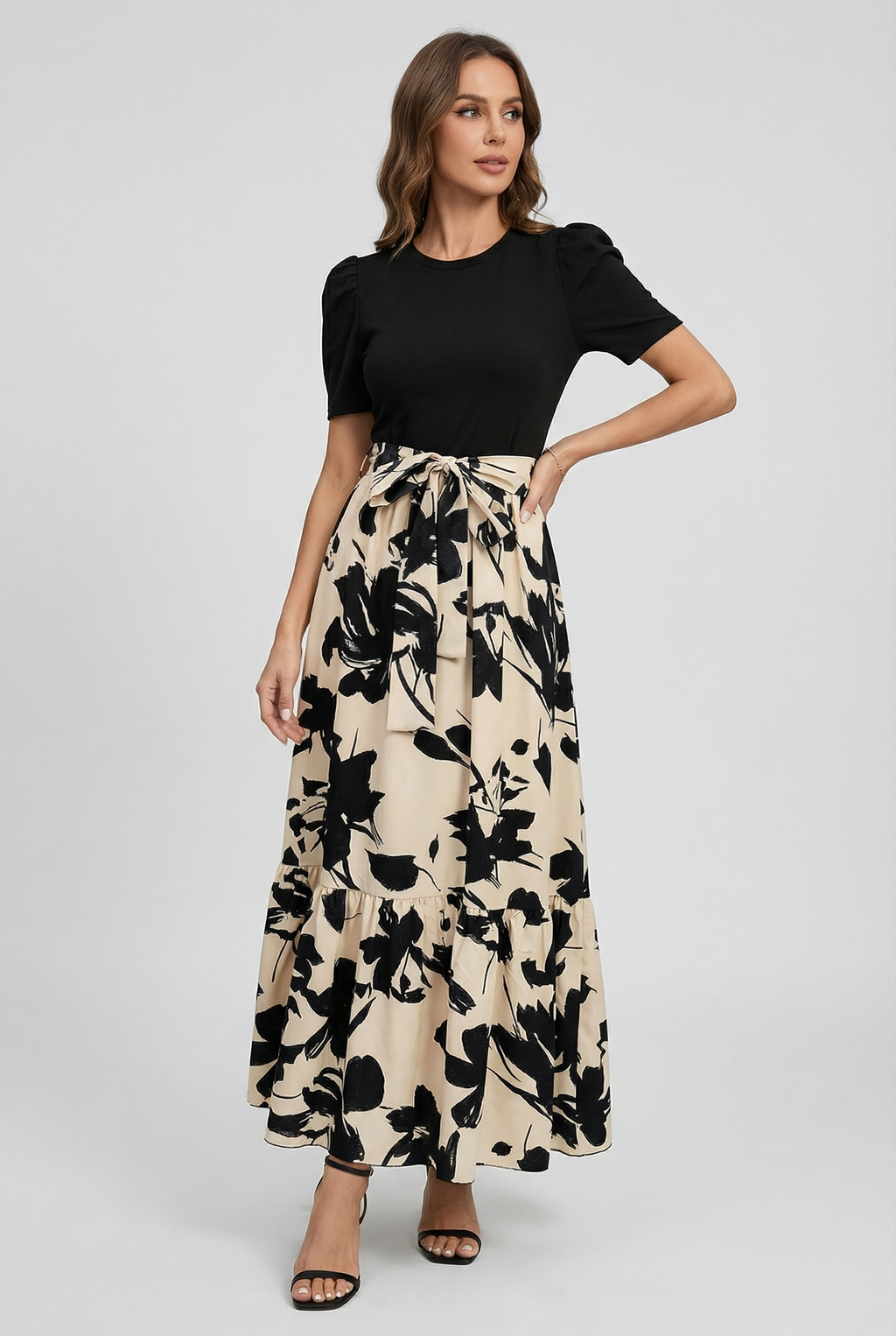 Floral A-line maxi dress with round neck in floral beige, front view