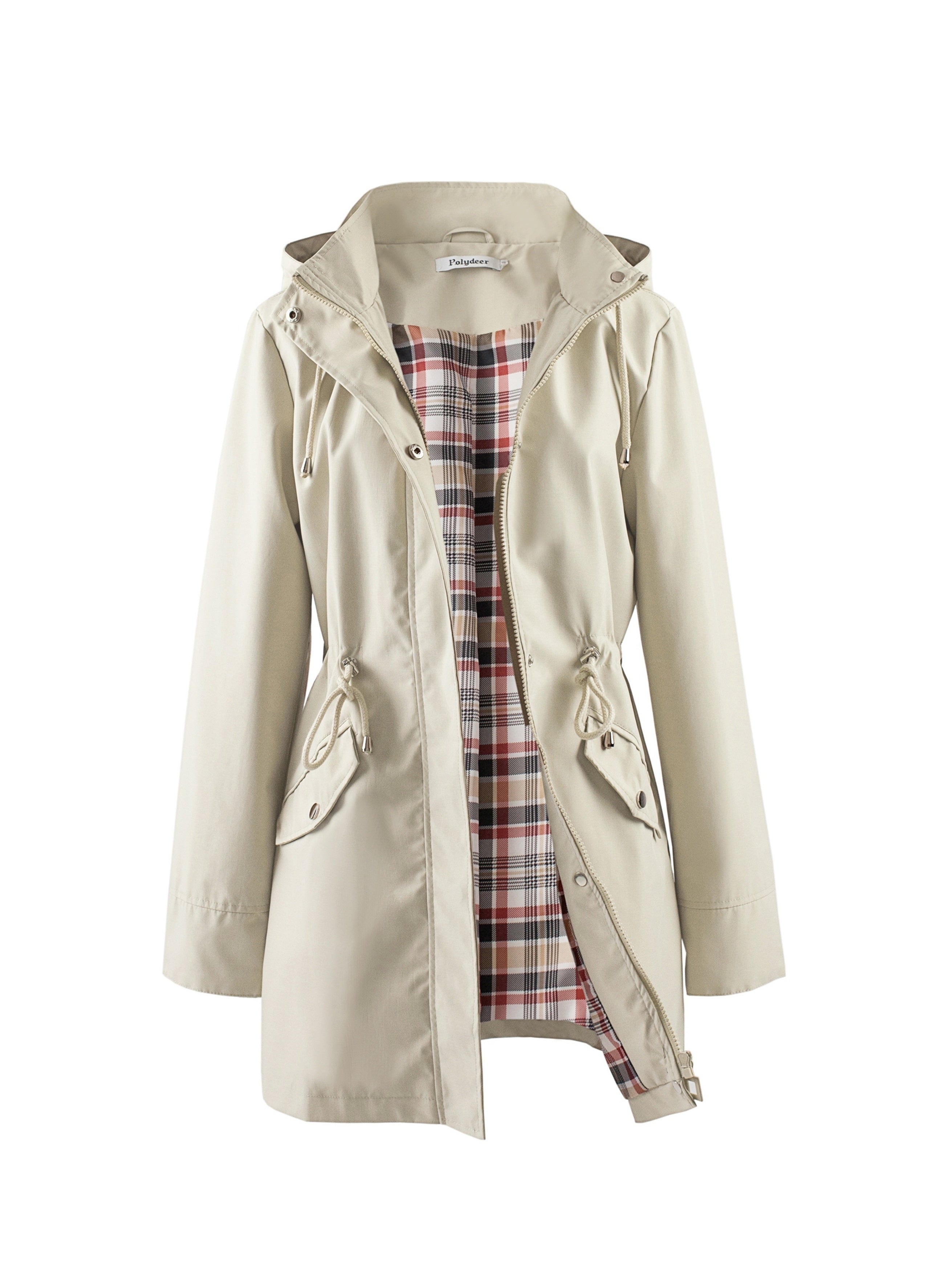 Hooded drawstring waist zip up coat with a zip up placket front