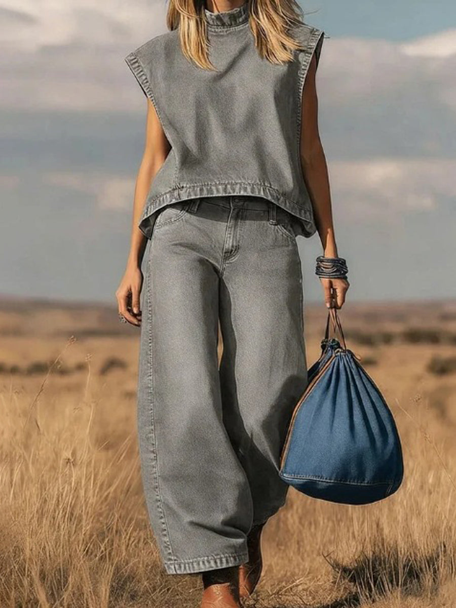 Denim Mock Neck Vest Top & Wide-Leg Jeans Co-ord Set