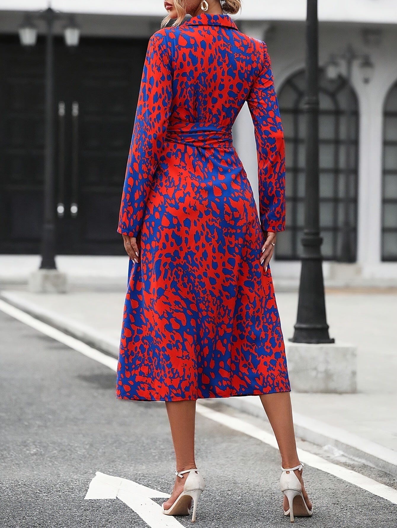 Women's smart casual geometric shirt dress with lapel collar, side profile