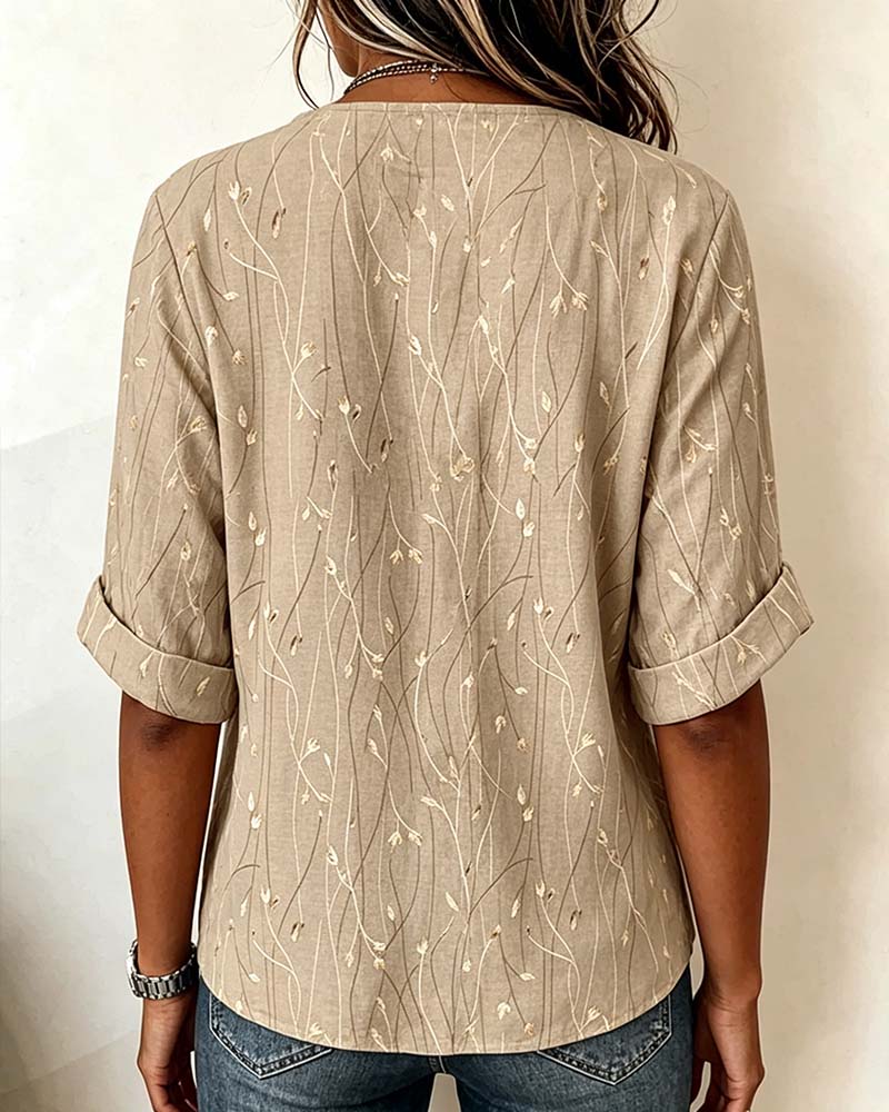 Khaki print button-front blouse, back view