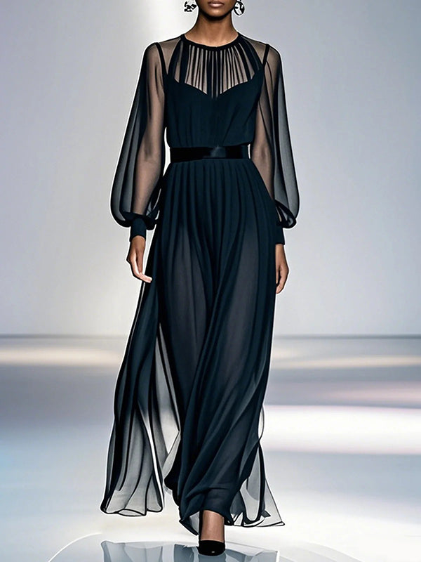 Navy blue gauze pleated maxi dress, front view