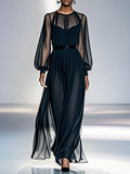 Navy blue gauze pleated maxi dress, front view