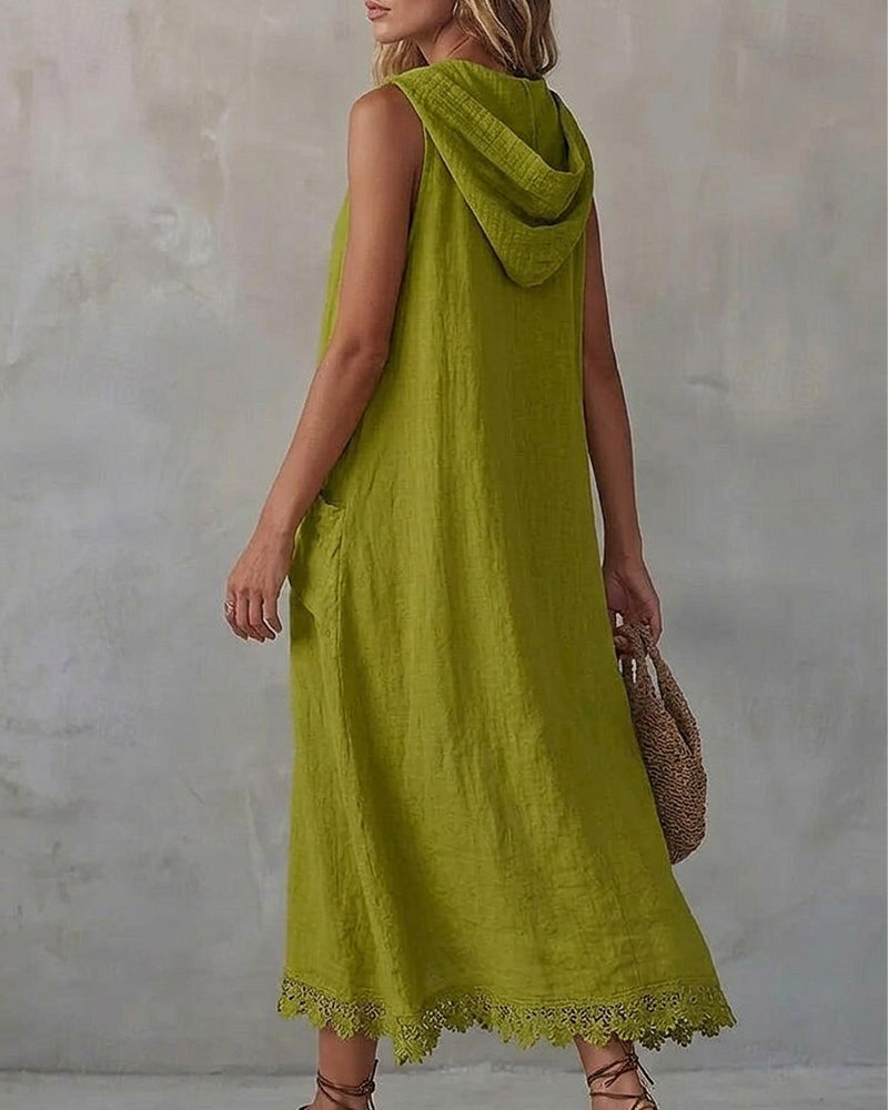 Lace patchwork midi dress with hood, back view