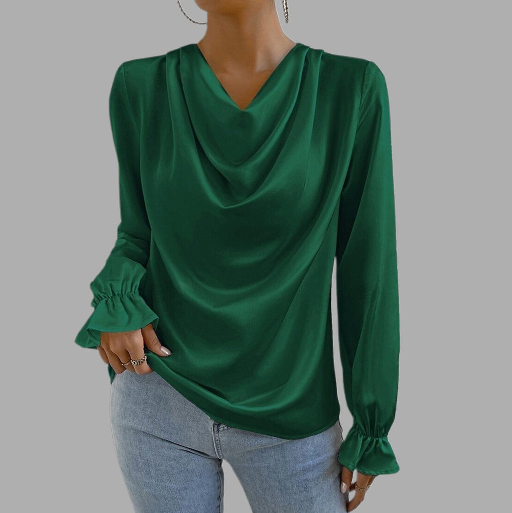Women's Cowl Neck Ruffled Cuff Satin Blouse