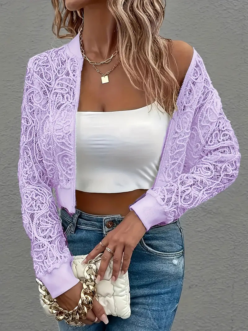 Lace Embroidered Mesh Bomber Jacket with Zip Front – Spring Layering Jacket