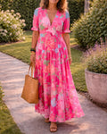 V-neck floral print high waist bubble sleeve maxi dress in pink, front view