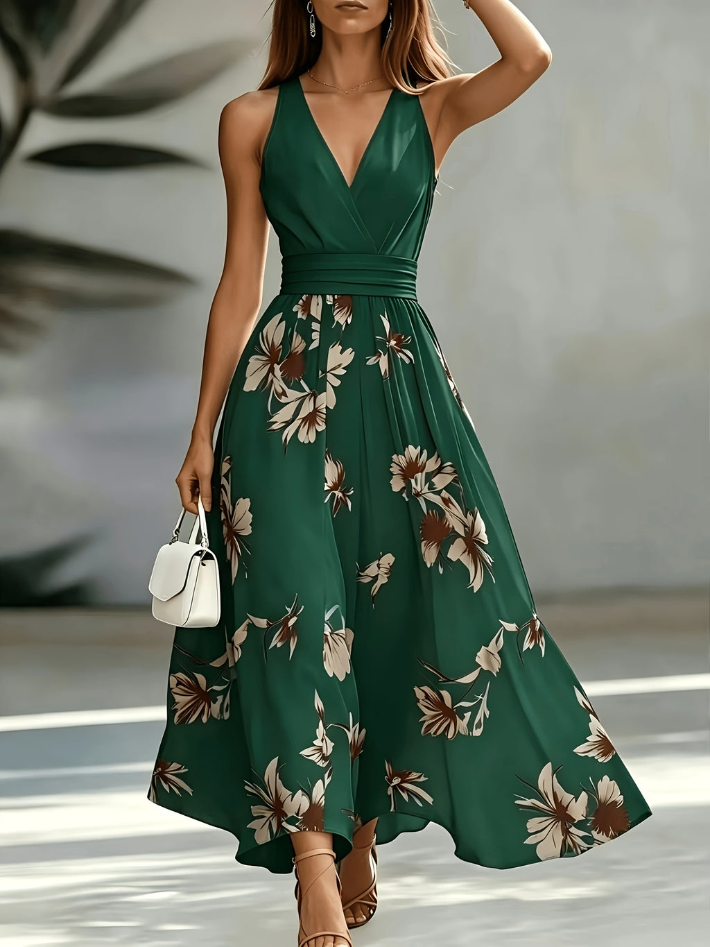Shirred Geometric Print V-Neck Midi Dress