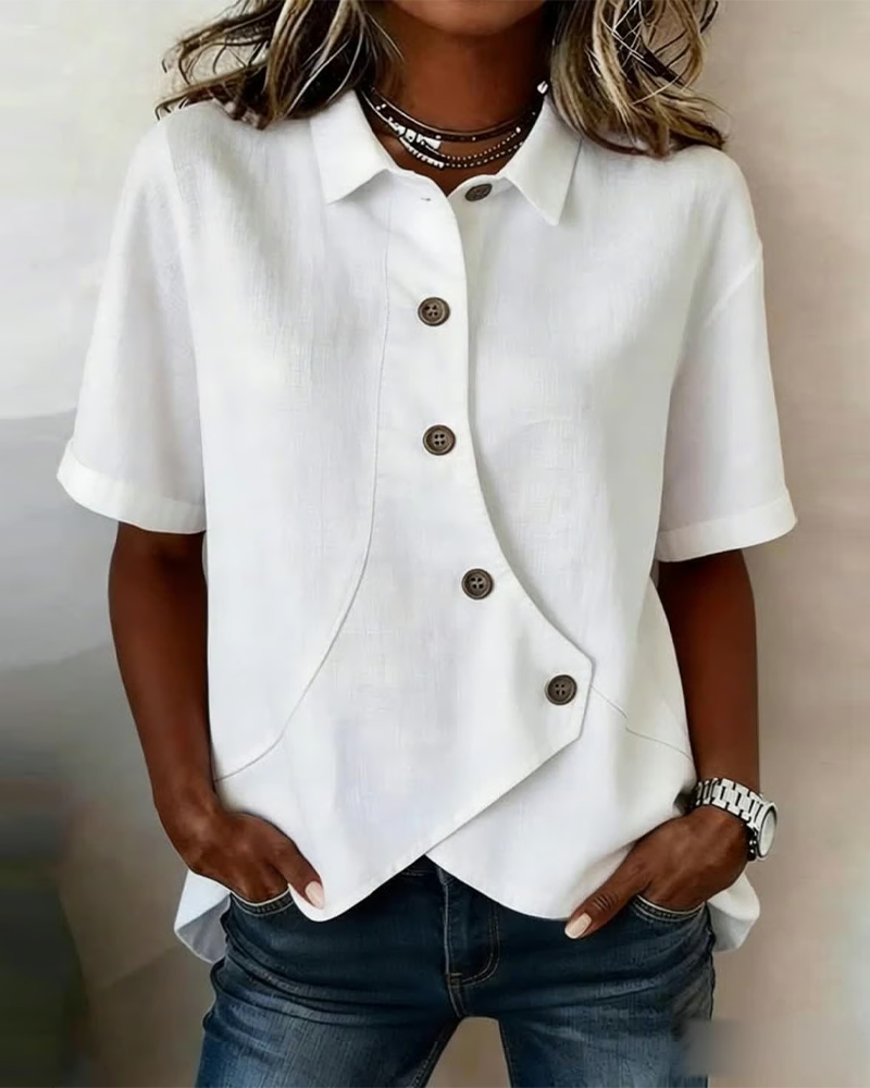 Asymmetrical placket button down cotton linen shirt, front view