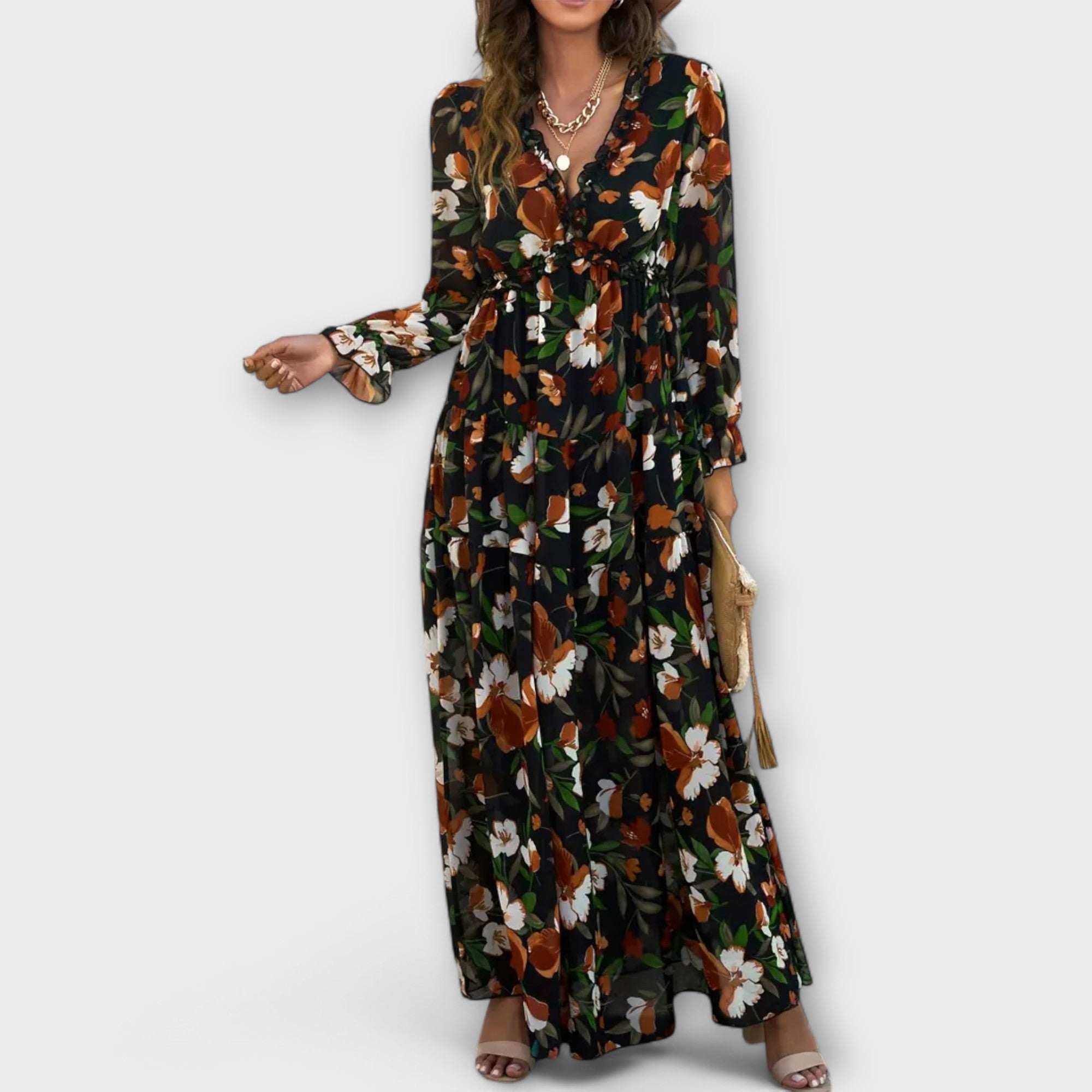 Floral V-neck pleated maxi dress back view