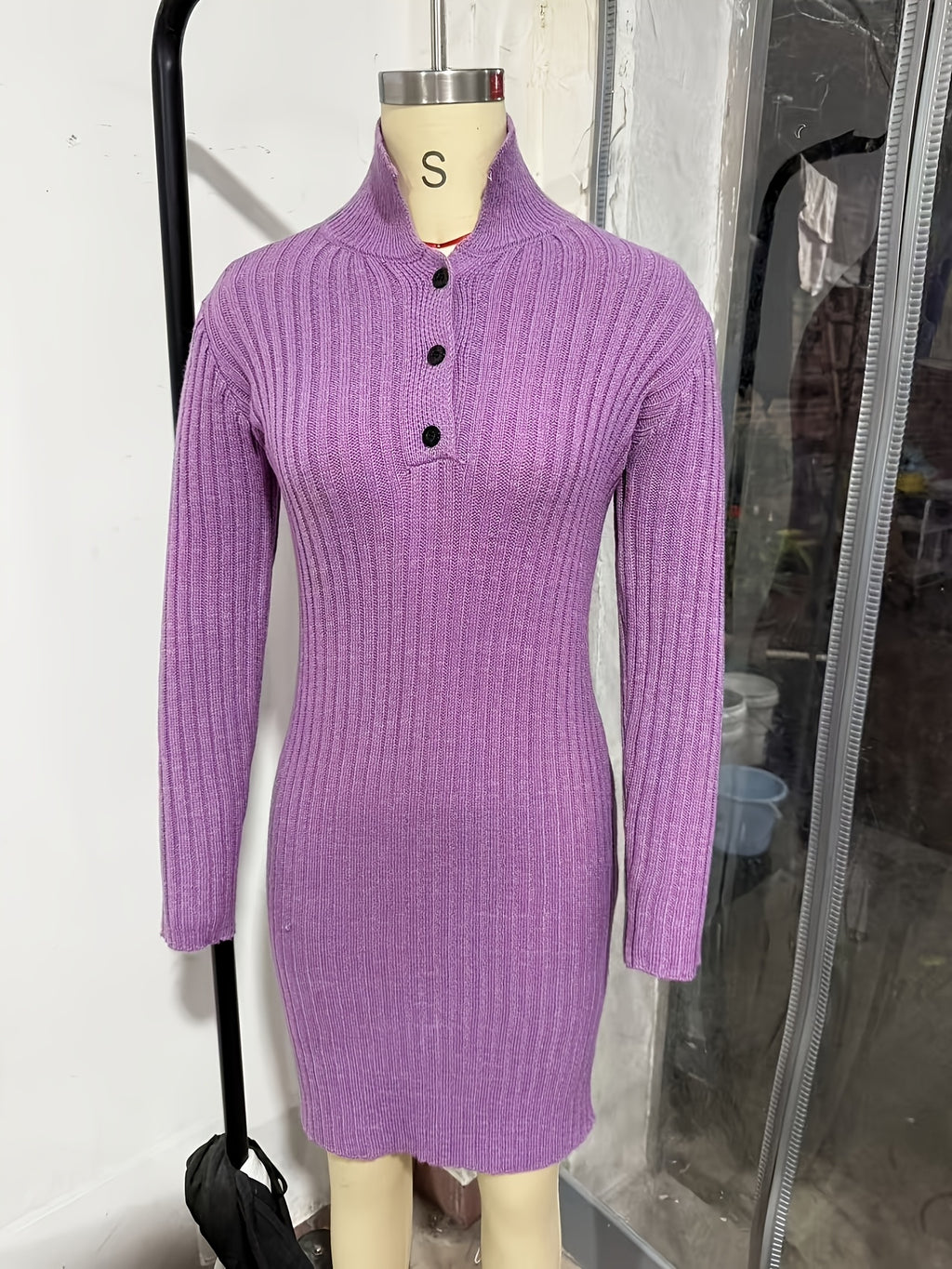 Khaki Ribbed Knit V-Neck Midi Dress
