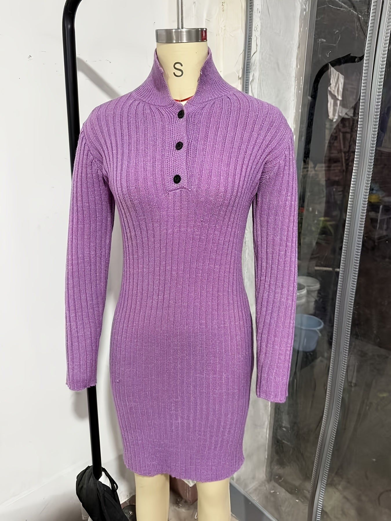 Khaki Ribbed Knit V-Neck Midi Dress