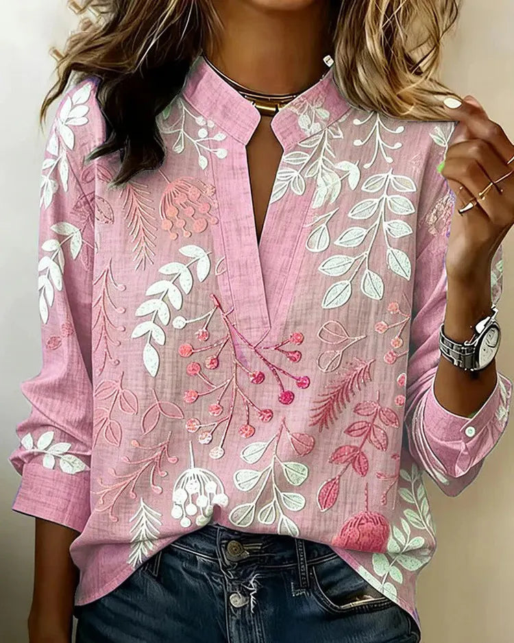 V-neck cotton shirt with embroidery detail, lightweight breathable fabric | Alba Muse