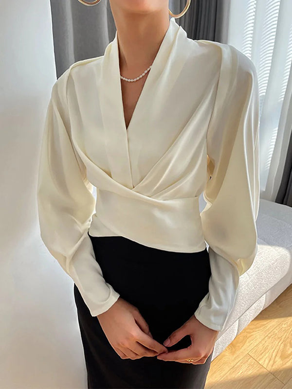 Zip-Front V-Neck Blouse