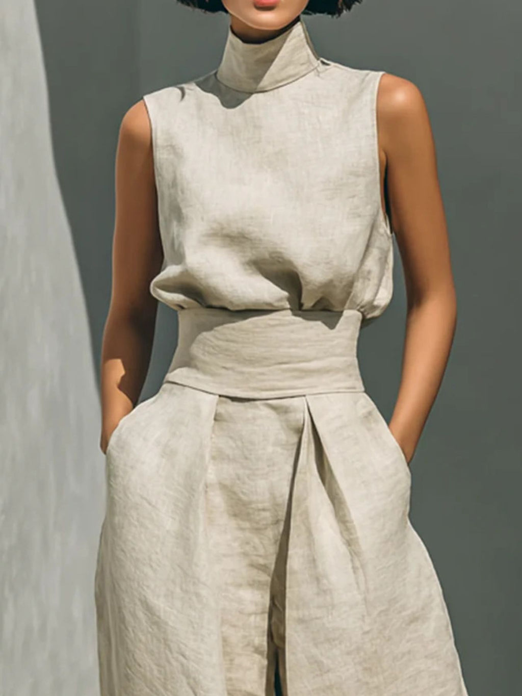Sleeveless turtleneck two piece set, back view