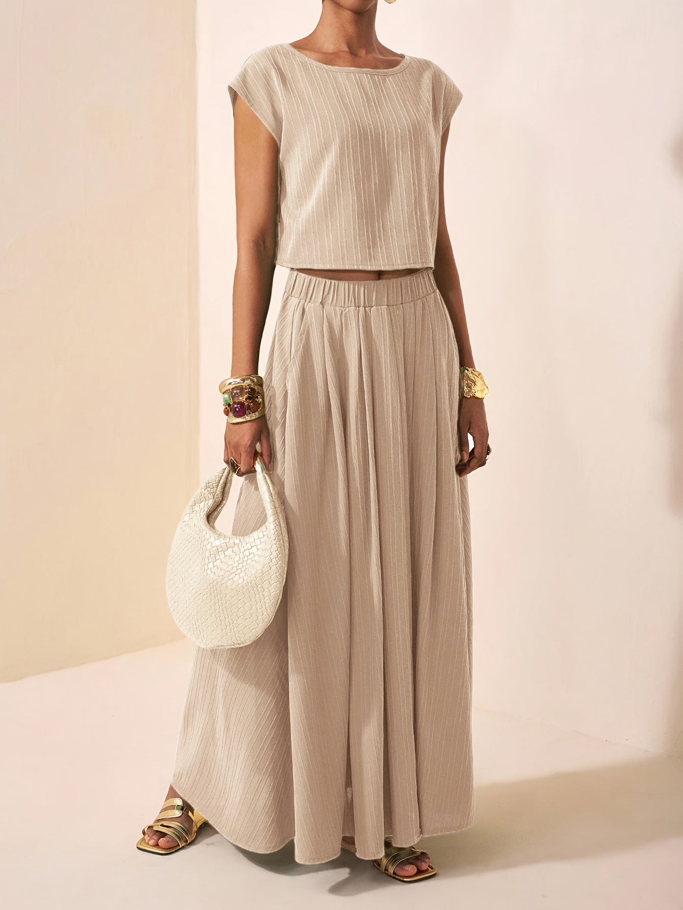 Striped Top & Pleated Maxi Skirt Co-ord Set in Green, side view