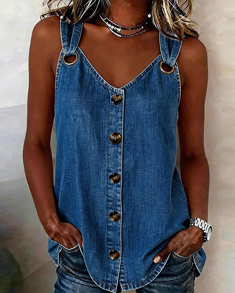 Metal buckle V-neck solid colour denim vest top, front view