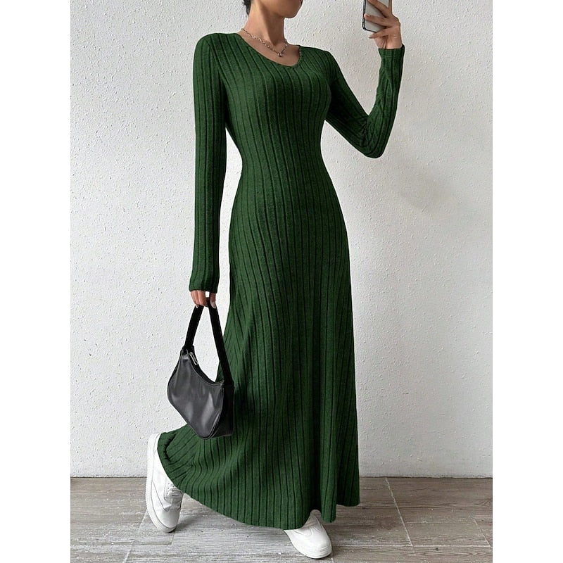 Green Ribbed V-Neck Maxi Dress
