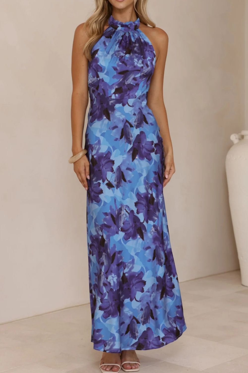 Floral Print Halter Neck Maxi Dress with Slit – Wedding Guest