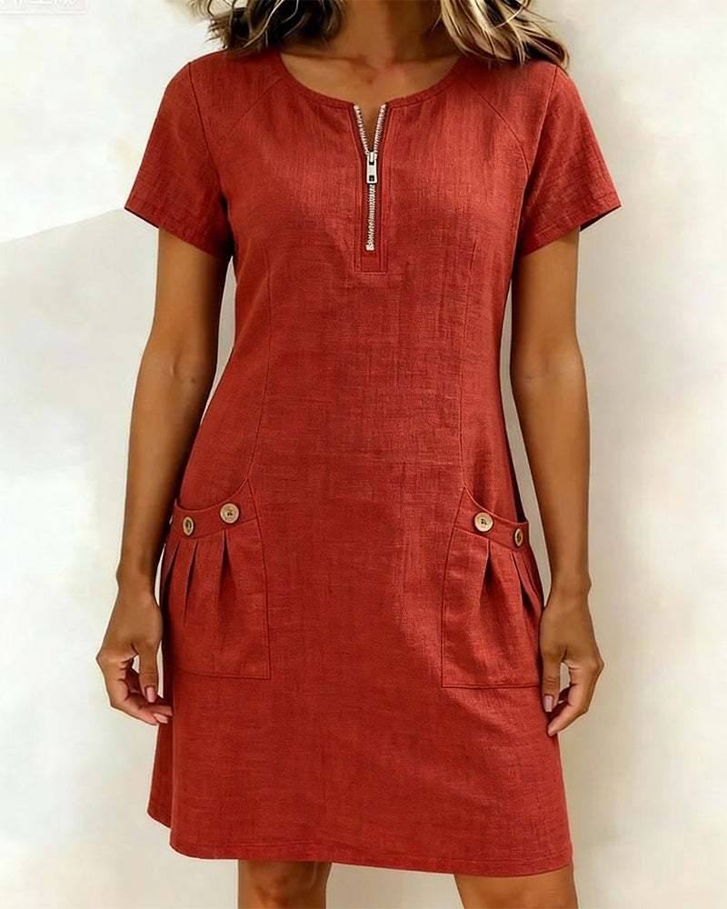 Round neck short sleeve pocket zip cotton linen dress, front view