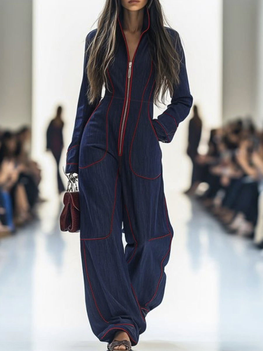 Denim Long Sleeve Jumpsuit with Stand Collar and Wide Leg