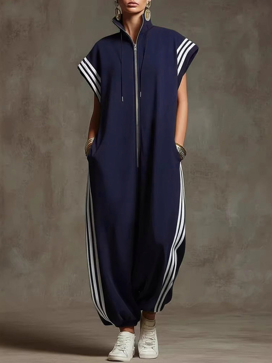 Red striped sleeveless jumpsuit, front view