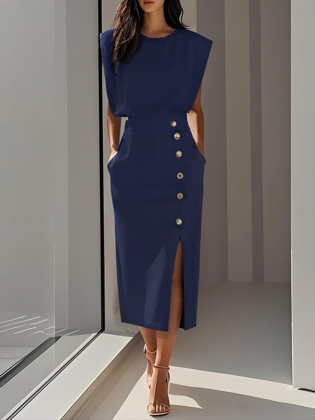 Solid Midi Dress with Button Slit