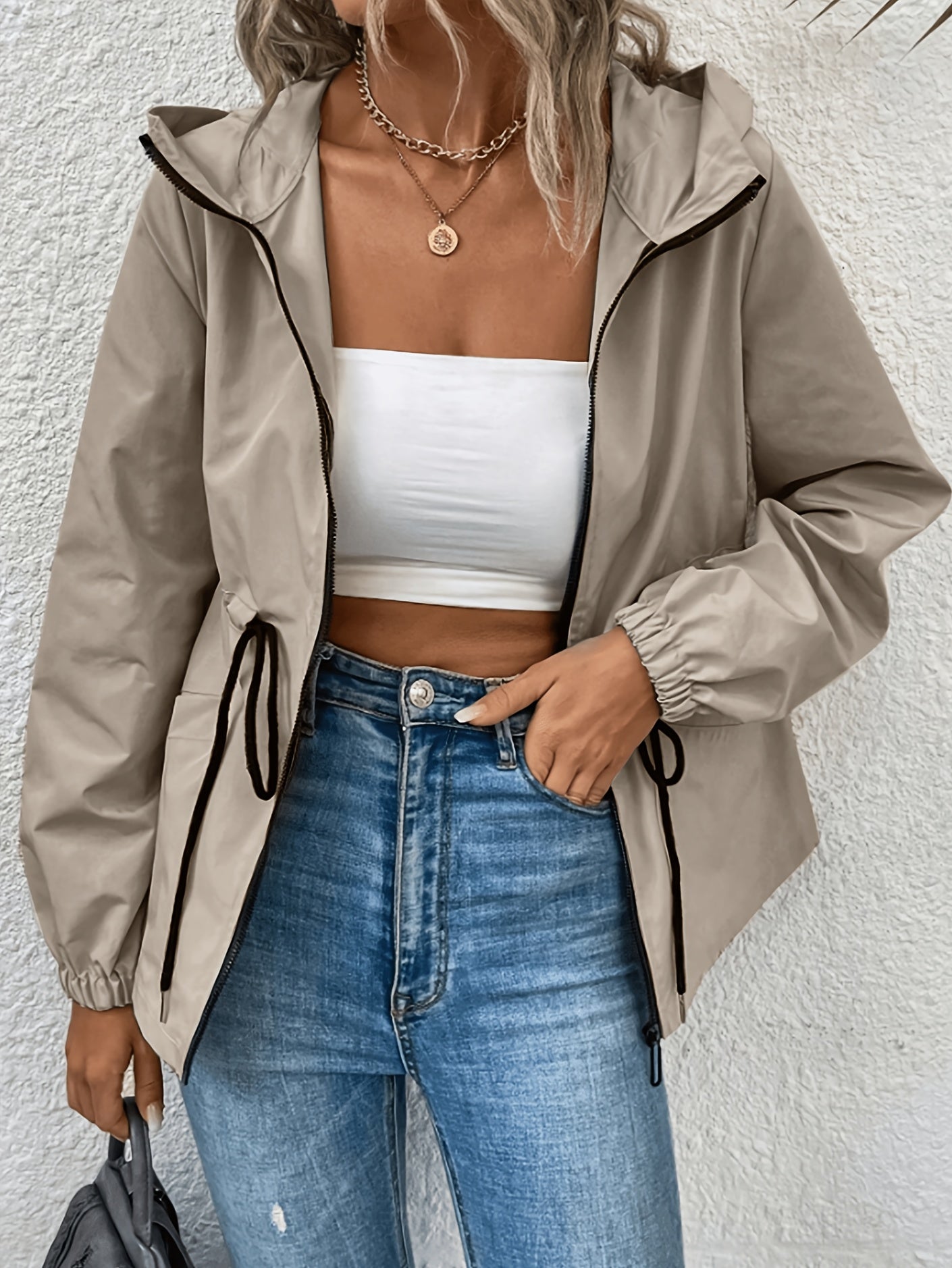 Khaki hooded drawstring-waist coat
