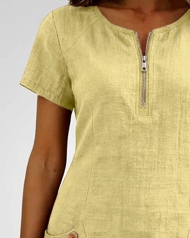 Round Neck Short Sleeve Pocket Zip Cotton Linen Dress