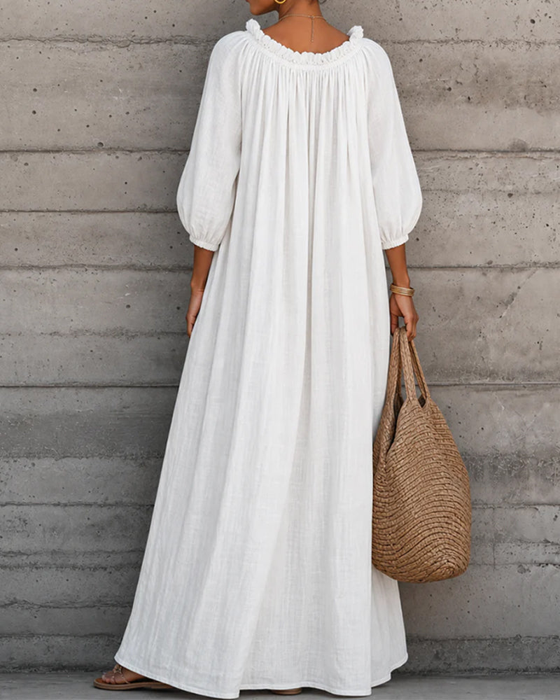 White Bubble Sleeve Full Skirt Maxi Dress — worn on model
