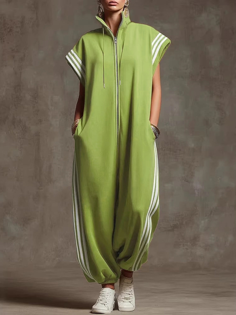 Plus Size Striped Sleeveless Jumpsuit with Stand Collar