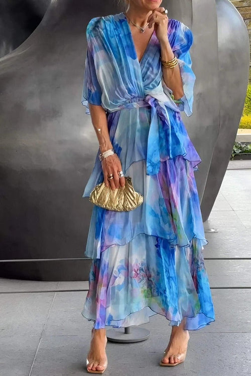Bohemian print blue maxi dress front view flowing silhouette