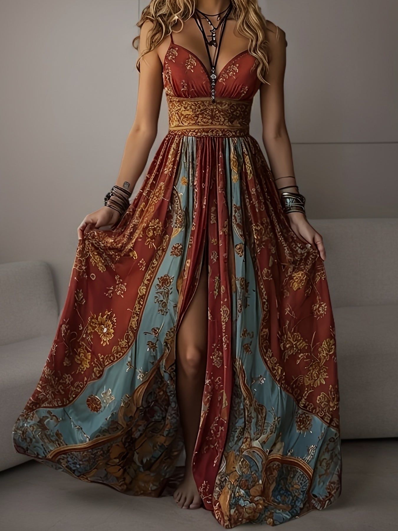 Boho floral beach maxi dress in burgundy, summer holiday style | Alba Muse