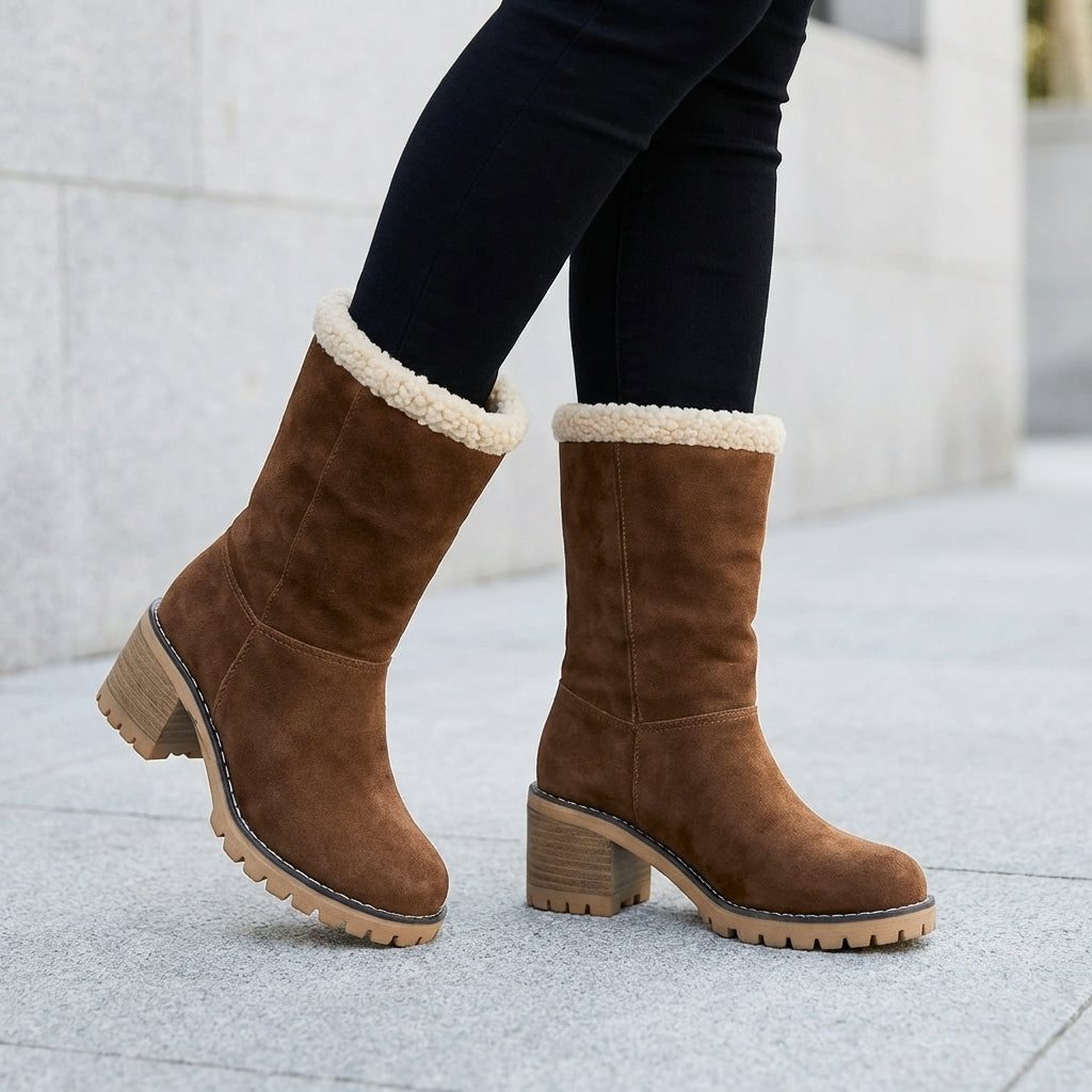 Fleece lined lug sole block heel ankle boots with a suede upper