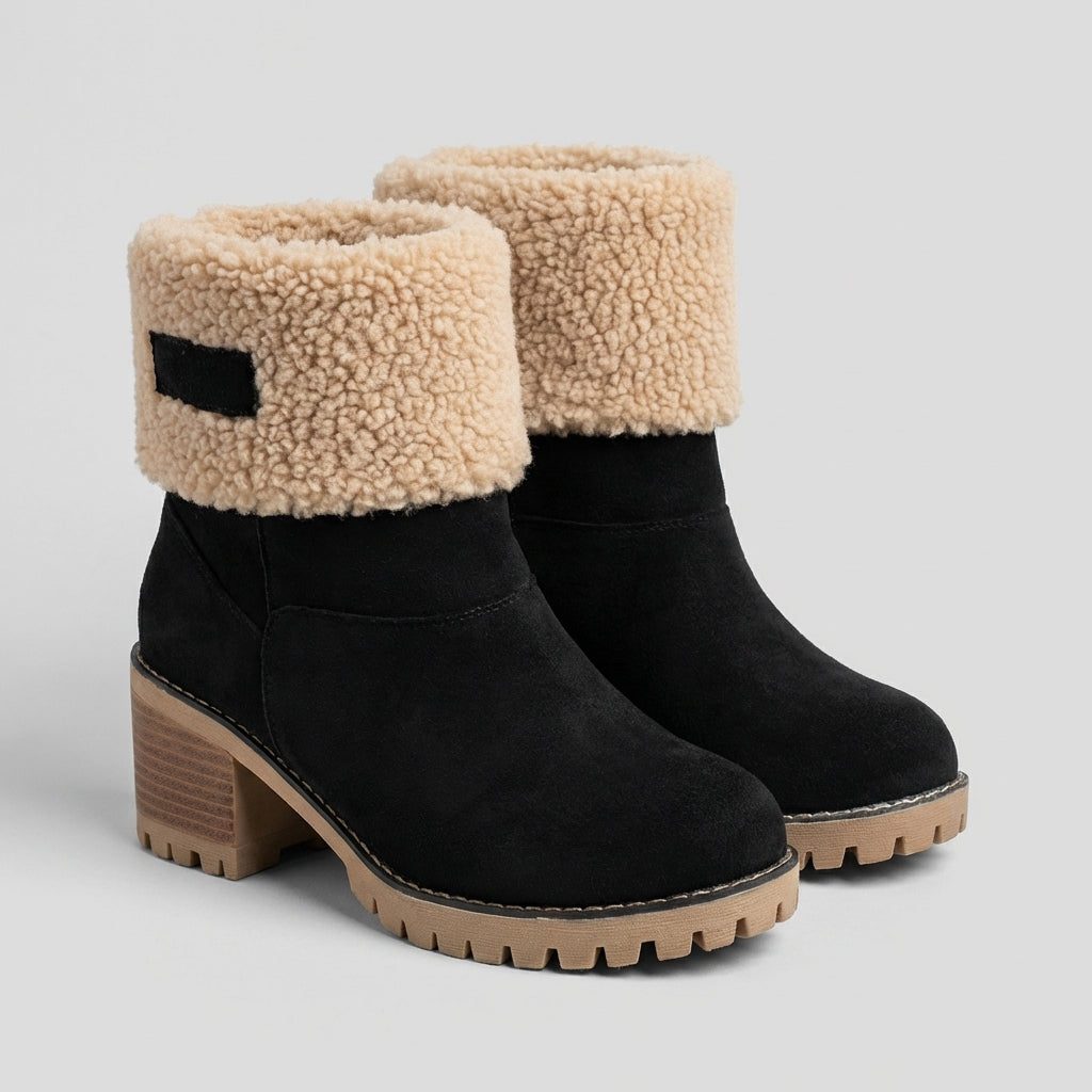 Fleece lined lug sole block heel ankle boots with a sherpa cuff collar