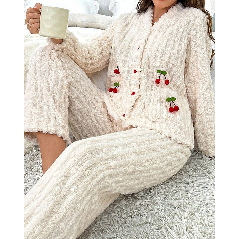 White fluffy cherry-detail Loungewear Set