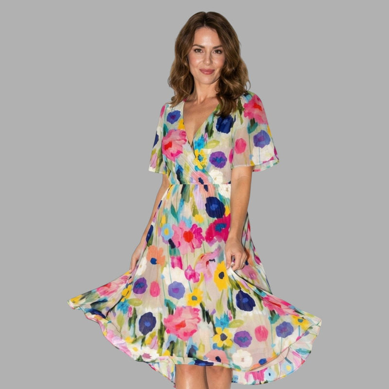 Celeste women's short sleeve floral dress, back view