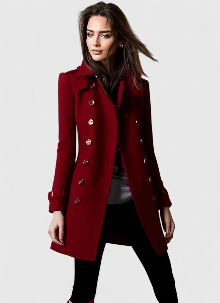 Blue elegant tailored fitted winter coat, front view