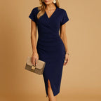 Wrap front bodycon midi dress in navy – V-neck side slit front view