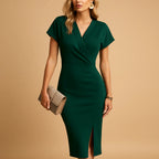 Wrap front midi dress in dark green – V-neck side slit front view
