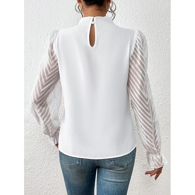 High-Neck Long Sleeve Blouse with Pleated Detail