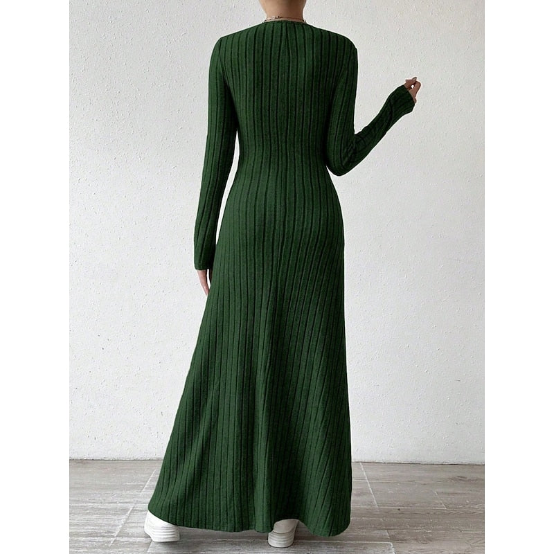 Green Ribbed V-Neck Maxi Dress