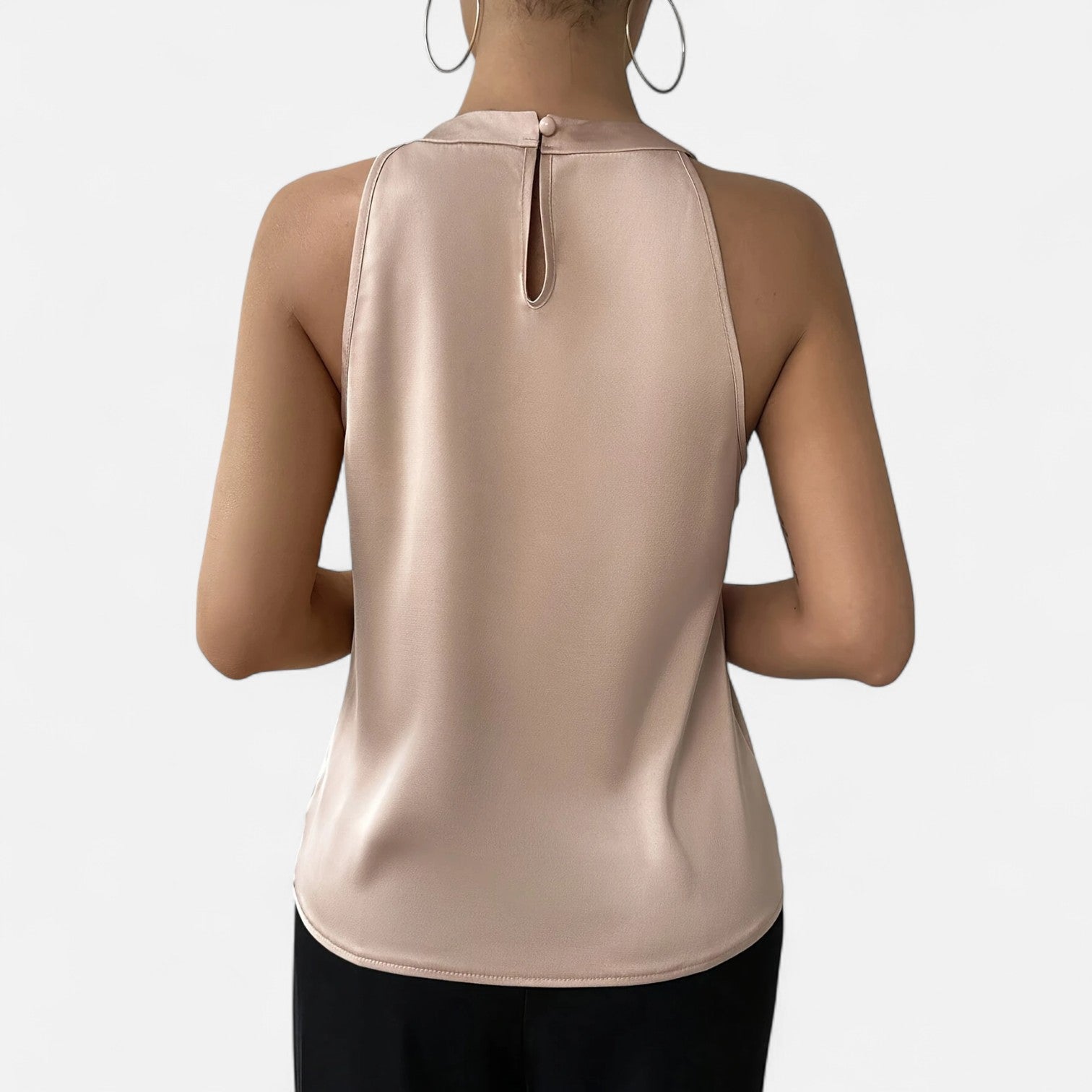 Women's pleated front draped satin top close-up of neckline detail