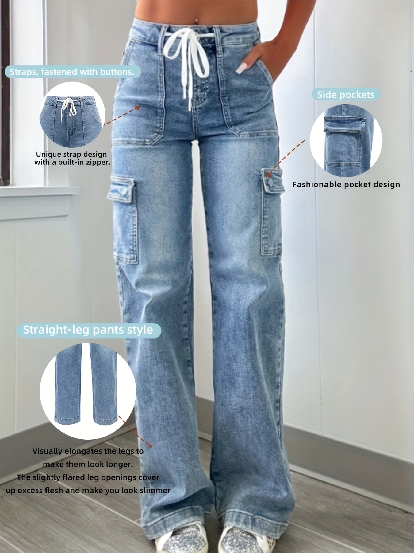 High-Waist Drawstring Cargo Jeans — worn on model