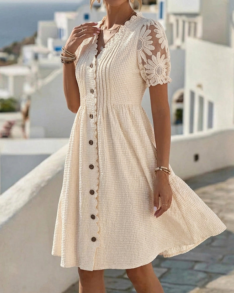 Sunflower Lace Dress V-Neck Puff Sleeve | Alba Muse