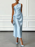 Light blue satin one shoulder ruched midi dress, front view
