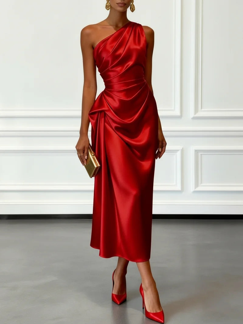 Red satin one shoulder midi dress, front view