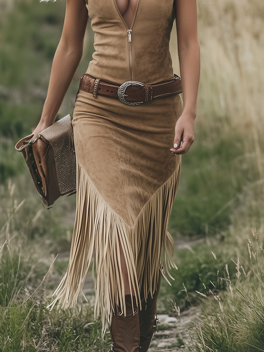 Light Brown western cowboy fringed sleeveless midi dress