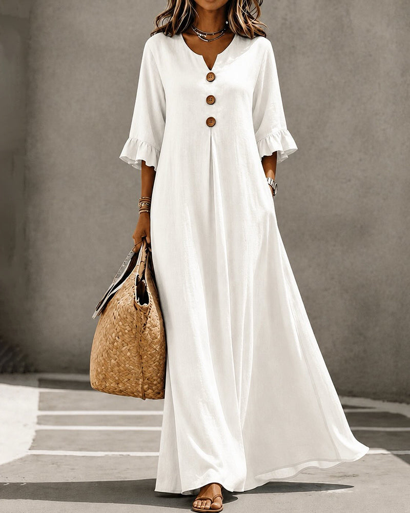 V-neck button ruffle full skirt maxi dress in white, front view